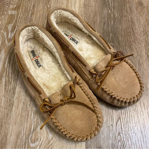 MINNETONKA CALLY TAN LEATHER SUEDE SLIPPERS 4036-size 10 - Picture 3 of 10